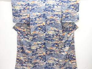 ヱ霞に家屋・草花模様小紋着物